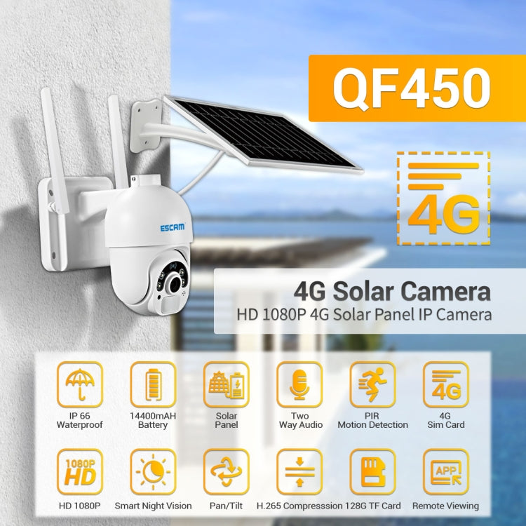 ESCAM QF450 HD 1080P 4G US Version Solar Powered IP Camera without Memory, Support Two-way Audio & PIR Motion Detection & Night Vision & TF Card, without Memory ESCAM QF450 HD 1080P 4G US Version Solar Powered IP Camera without Memory, Support Two-way Audio & PIR Motion Detection & Night Vision & TF Card, without Memory